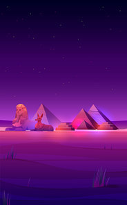 Egyptian desert with pyramids, sphinx and Anubis statue at night. Vector template for mobile phone screen saver with cartoon landscape of Egypt famous landmarks. Smartphone background theme