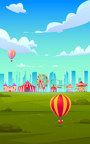 Smartphone background theme with carnival funfair. Vector template for mobile phone screen saver with circus and amusement park with roller coaster, balloon and ferris wheel