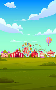 Smartphone background theme with carnival funfair. Vector template for mobile phone screen saver with circus and amusement park with roller coaster, balloon and ferris wheel