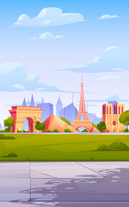 FEBRUARY 12, 2020. Vector cartoon illustration of Paris landmarks, Eiffel Tower, Louvre museum building, Notre Dame Cathedral, Triumphal Arch, France