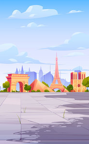 FEBRUARY 12, 2020. Vector cartoon illustration of Paris landmarks, Eiffel Tower, Louvre museum building, Notre Dame Cathedral, Triumphal Arch, France