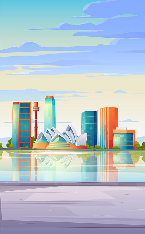 FEBRUARY 12, 2020. Vector cartoon illustration of Sydney landmarks, city skyline with Opera house banner, world famous buildings, tourist attraction architecture, megapolis skyscrapers, Australia