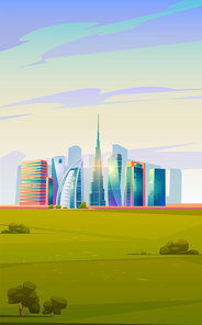 FEBRUARY 14, 2020. Cartoon vector illustration Burj Khalifa, Burj al Arab, Cayan Tower buildings, Dubai landscape, UAE world famous architecture landmarks, United Arab Emirates