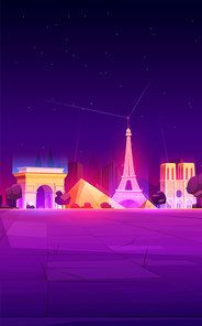 FEBRUARY 12, 2020. Vector cartoon nighttime illustration of Paris landmarks, Eiffel Tower, Louvre museum building, Notre Dame Cathedral, Triumphal Arch, France