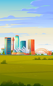 FEBRUARY 12, 2020. Vector cartoon illustration of Sydney landmarks, city skyline with Opera house, Sydney Tower Eye or Centrepoint Tower, Harbour Bridge banner, Australia