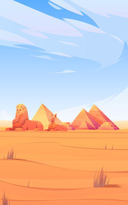 Egyptian desert with pyramids, sphinx and Anubis statue. Vector template for mobile phone screen saver with cartoon landscape of Egypt famous landmarks. Smartphone background theme