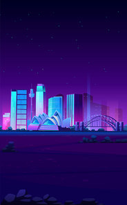 FEBRUARY 15, 2020. Vector cartoon illustration of Sydney landmarks, city night skyline with Opera house banner, world famous buildings, tourist attraction architecture, megapolis skyscraper, Australia