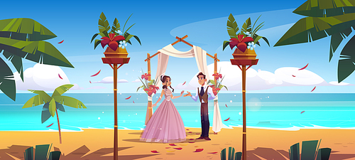 Beach wedding, bride and groom newlywed couple get married under draped arch on seaside. Marriage matrimony ceremony, bamboo archway on ocean sandy shore with flower petals Cartoon vector illustration