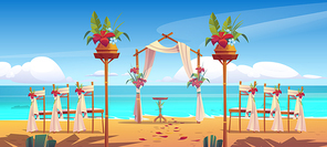 Beach wedding arch and decoration on seaside. Floral archway and chairs stand on ocean sandy shore with scatter petals. Gate with flowers for marriage matrimony ceremony. Cartoon vector illustration
