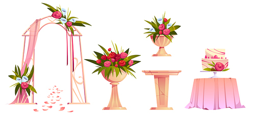 Wedding decoration with floral arch, cake on table and flowers on marble stand. Vector cartoon set of objects for marriage ceremony, wedding gate with roses, bouquets and cream cake