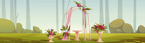 Outdoor wedding reception with floral arch and flowers in pots. Vector cartoon illustration of summer garden or park landscape with objects for marriage ceremony, green trees and grass