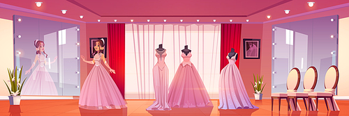 Wedding shore with woman fitting bride dress. Vector cartoon interior of bridal boutique with mannequins with luxury female gowns, big mirrors, chairs and girl in pink dress