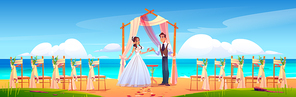 Beach wedding ceremony with newlywed couple, floral arch and chairs on sea shore. Vector cartoon landscape of tropical ocean coast with decoration for marriage celebration, bride and groom