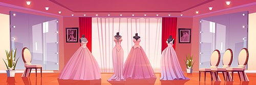 Bridal shop interior with wedding dresses on mannequins and large mirrors with lighting. Empty boutique for selling bride gowns, showroom with fashioned women dressing, Cartoon vector illustration