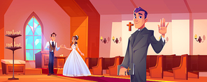 Wedding in catholic church with happy couple and pastor. Vector cartoon illustration of marriage ceremony in cathedral with bride in white dress, groom and man priest