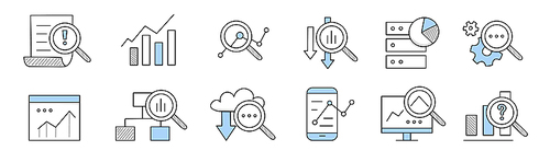 Data analysis icons, research of business, finance or science information. Vector doodle set with charts, diagrams on computer screen, magnifying glass, gear and document