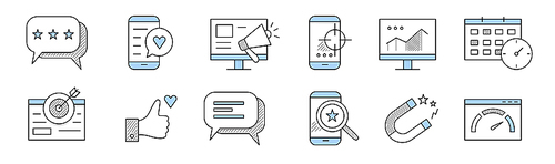 SMM doodle icons speech bubble with stars, smartphone and like button, pc with megaphone, mobile with target on screen, computer display with graph, calendar, thumb up, Line art vector signs set