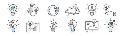 Idea icons, doodle business signs light bulbs with cogwheel, chart, sprout, lightbulb with brain, cloud, target with arrow, human hand holding glowing lamp. Power, task solution Line art vector set