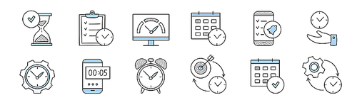 Time management doodle icons hourglass with tick, to-do list, calendar grid, app notification on phone, hand with watch, alarm clock, gear and target with arrow signs Line art vector illustration, set