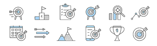 Business goal doodle icons dart target with arrow, pedestal and flag, to-do list with ticks, chart, glass with aim, calendar or schedule, mountain top, trophy cup, mobile, Line art vector illustration