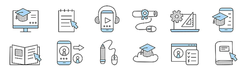 Online education in school, college or university doodle icons. Vector outline signs of e-learning, distant training with book, graduation hat, certificate, computer and mobile phone
