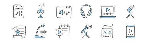 Podcast doodle icons with microphone, audio record, headphones and sound studio tools. Vector hand drawn signs of online broadcast, radio talk show isolated on white