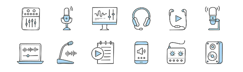 Podcast, radio broadcast and music doodle icons. Equalizer, microphone, audio computer program, headset, playlist application, laptop with sound wave, phone and dynamics, Line art vector illustration