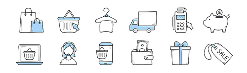 E-commerce doodle icons, signs of web store sale, delivery, online support and payment. Vector doodle set of internet retail service with basket, phone, gift box, bags, truck, piggy bank and price tag