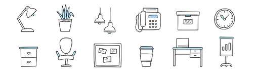 Office furniture icons with doodle chair, table with computer, lamps and cupboard. Vector hand drawn symbols of work cabinet or conference room equipment, telephone, clock and whiteboard