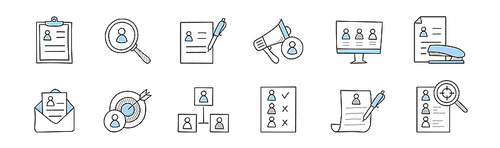 Hr doodle business icons, cv on clipboard, magnifier with candidate profile, pen filling resume, computer monitor with applicants, paper and stapler, envelope, network, Line art vector illustration