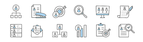Business HR doodle icons. Concept of company human resources, recruitment employees and team members, search staff. Vector hand drawn signs with people, candidate cv, target and magnifier