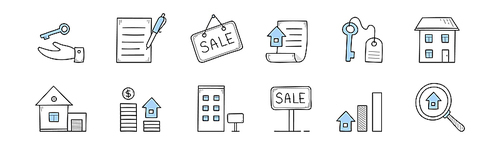 Real estate sale, rent and mortgage icons. Vector doodle symbols with house, keys on hand, magnifier, sale sign and contract. Concept of search and purchase property, rental residential buildings