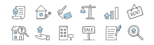 Real estate doodle icons house, paper document, key from apartment, building crane, growing finance chart, rent and sale signboard, magnifying glass research, realtor hand Line art vector illustration
