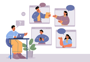 Online video conference of business characters, office workers webcam group call via internet. Employees remote briefing with boss and colleagues on huge pc screens, Line art vector illustration