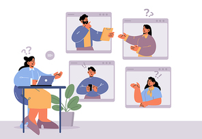 Online meeting, business video conference with arguing people. Vector flat illustration of angry men and women on computer screen discuss and quarrel. Communication problem, conflict in team