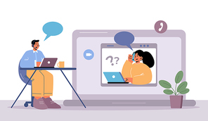 Customer support service, online help. Technical specialist solve client problems via internet. Operator staff in headset work on computer at hotline call center helpdesk, Line art vector illustration