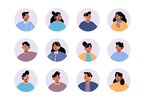 Avatars of customer support service agents. Vector flat icons set of call center operators with headset, women and men workers of contact hotline or online chat