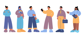 Group of multiracial people, business team, students or office workers. Vector flat illustration of diverse men and women characters with briefcase, phone and clipboard