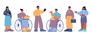 Diverse group business people team, disabled and healthy entrepreneurs or office workers communicate. Multinational company of young men and women work together, isolated Line art vector illustration