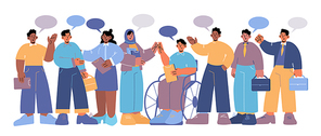 Diverse business people multiracial team communicate with speech bubbles. Characters group of different gender and nationality, healthy and disabled men and women chatting Line art vector illustration
