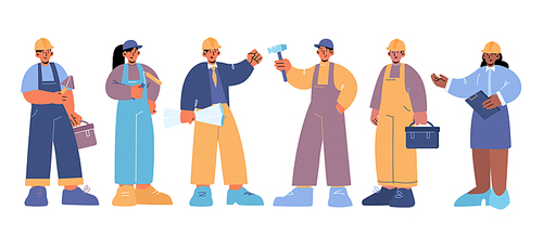 Construction workers, builder, engineer and technician. Vector flat illustration of people working in building industry, professional repairman, architect, house painter and foreman