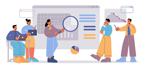 Team of people work with SEO analytic data. Concept of business analysis of search engine optimization in Internet. Vector flat illustration of teamwork in office with graphs and charts