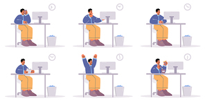 Office worker different emotions and activities. Manager man at desk with Pc speaking by phone, thinking, smiling, worry or surprised, rejoice with raised hands, eating, Line art vector illustration
