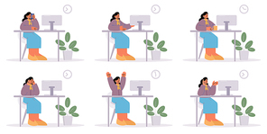 Office worker different emotions and activities. Manager woman sit at desk with Pc speaking by phone, thinking, displeased face, rejoice with raised hands, drink coffee, Line art vector illustration