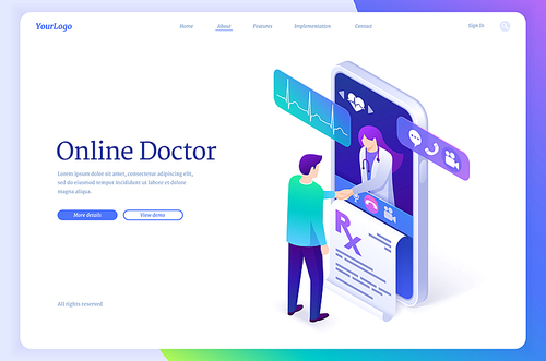 Doctor online isometric landing page, telehealth service, distance medicine application for mobile phone. Physician medic shaking hands with patient from huge smartphone screen, 3d vector web banner