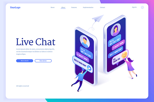Live chat website. Online service for conversation with customer support. Vector landing page of live client support with isometric illustration of smartphones with messenger interface and people