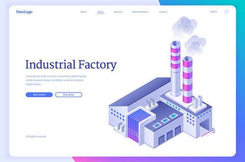 Industrial factory banner. Power station, manufacturing facility or production plant. Vector landing page with isometric manufactory exterior with chimney pipes and smoke clouds