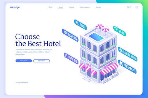 Choose best hotel isometric landing page, booking service for tourists, building exterior with accommodation options as pool, wi-fi, family room, breakfast, parking and sea view, 3d vector web banner