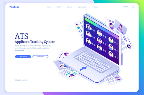 ATS, applicant tracking system isometric landing page. Business concept with candidates profiles on laptop screen. Files and cv information organization for hiring and recruitment 3d vector web banner