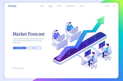 Market forecast isometric landing page. Brokers characters trying to predict stock economic for making financial benefit growth. Prediction of trends, business forecast concept. 3d vector web banner